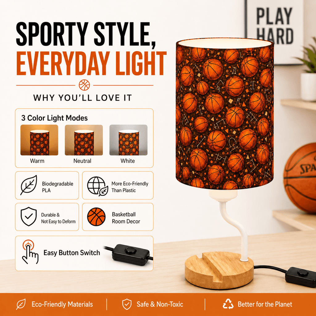 Basketball PLA Eco‑Friendly Dimmable Table Lamp📱 3‑Button Control Bedside Lamp with Phone Stand, Sports Home Decor Gift