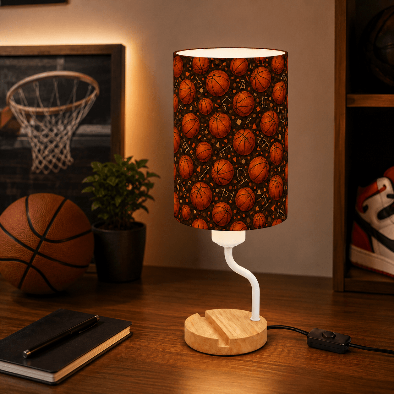 Basketball PLA Eco‑Friendly Dimmable Table Lamp📱 3‑Button Control Bedside Lamp with Phone Stand, Sports Home Decor Gift