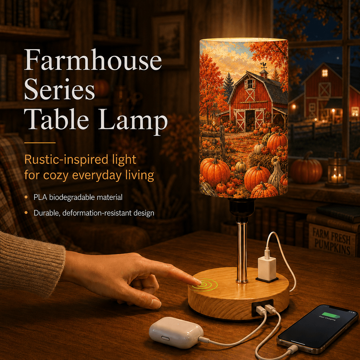 Farmhouse Pumpkin PLA Eco‑Friendly Touch Control Table Lamp🍂 3‑Color Dimmable Multi‑Function Bedside Lamp, Rustic Autumn Home Decor Gift