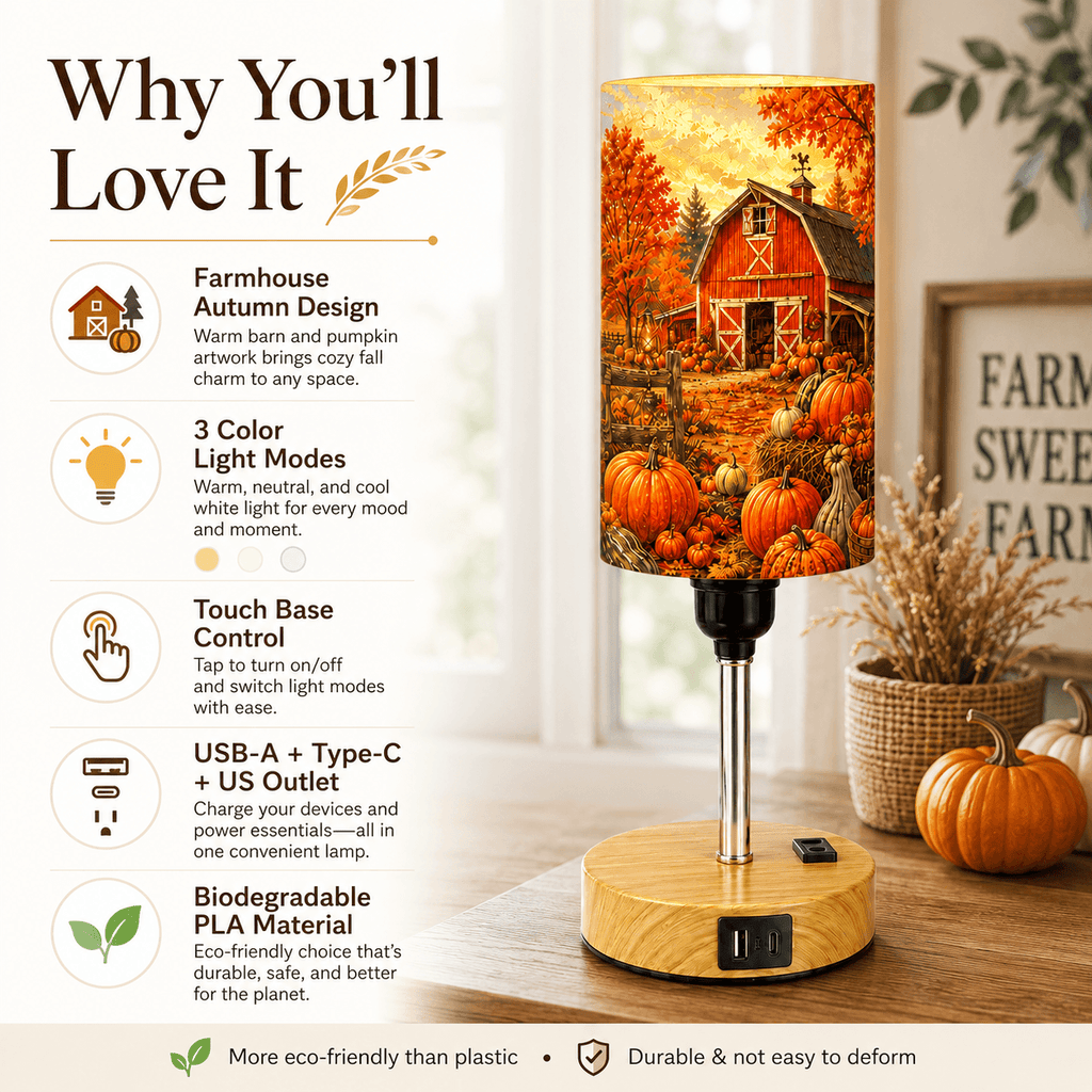 Farmhouse Pumpkin PLA Eco‑Friendly Touch Control Table Lamp🍂 3‑Color Dimmable Multi‑Function Bedside Lamp, Rustic Autumn Home Decor Gift