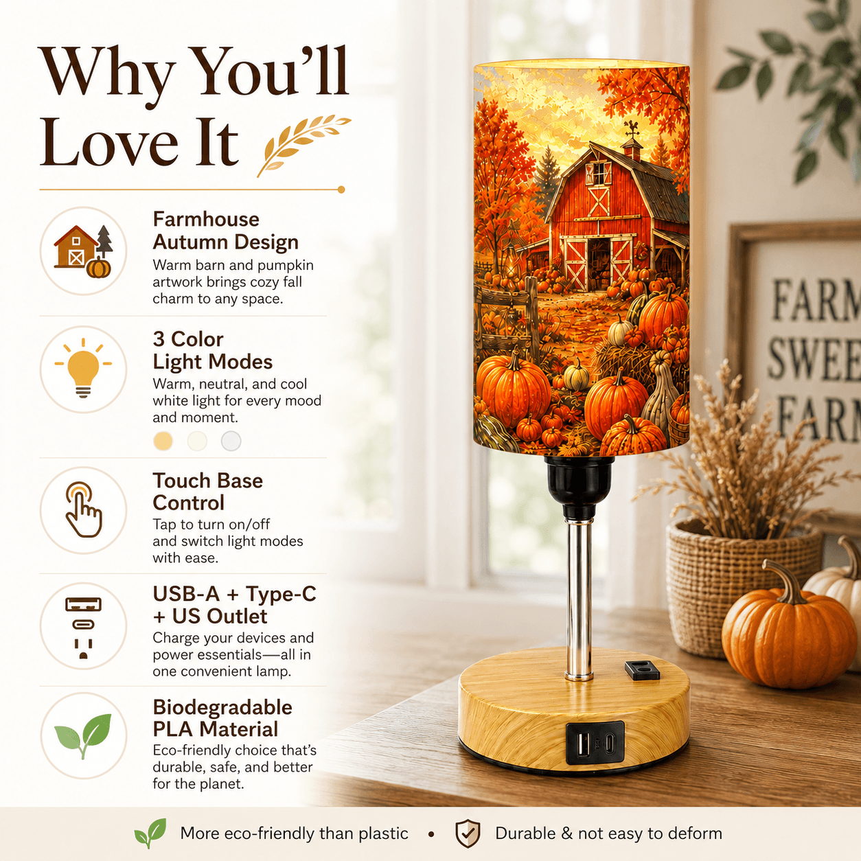 Farmhouse Pumpkin PLA Eco‑Friendly Touch Control Table Lamp🍂 3‑Color Dimmable Multi‑Function Bedside Lamp, Rustic Autumn Home Decor Gift
