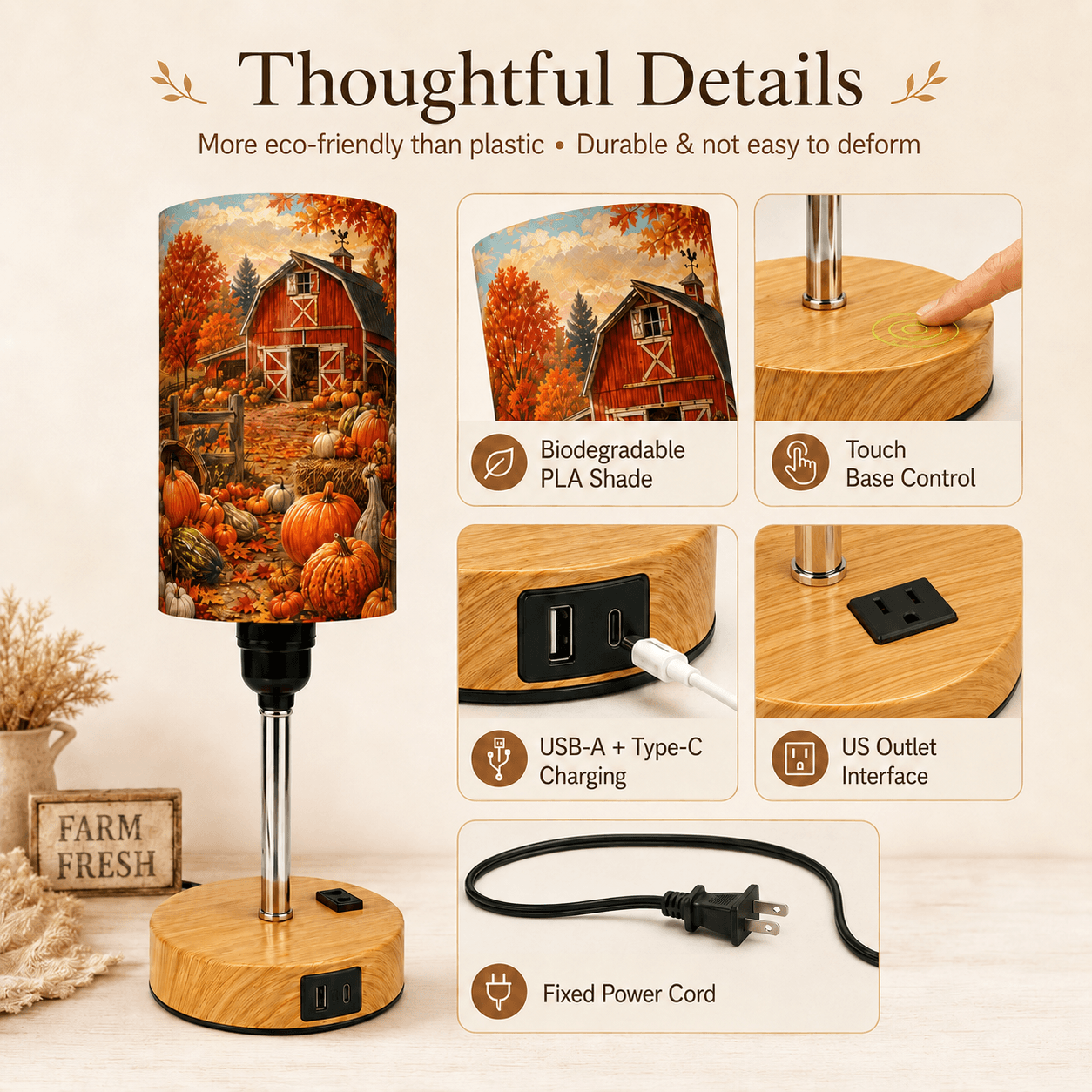 Farmhouse Pumpkin PLA Eco‑Friendly Touch Control Table Lamp🍂 3‑Color Dimmable Multi‑Function Bedside Lamp, Rustic Autumn Home Decor Gift