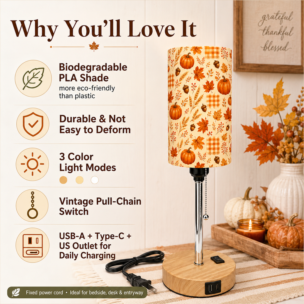 Autumn Maple & Pumpkin PLA Eco-Friendly Pull Chain Table Lamp 🎃 3 Color Dimmable Multifunctional Bedside Lamp, Fall Farmhouse Home Decor Gift