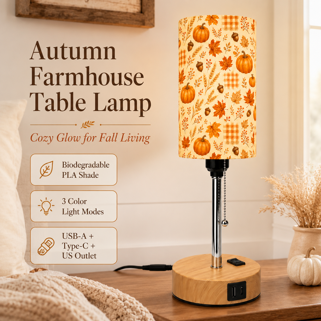 Autumn Maple & Pumpkin PLA Eco-Friendly Pull Chain Table Lamp 🎃 3 Color Dimmable Multifunctional Bedside Lamp, Fall Farmhouse Home Decor Gift