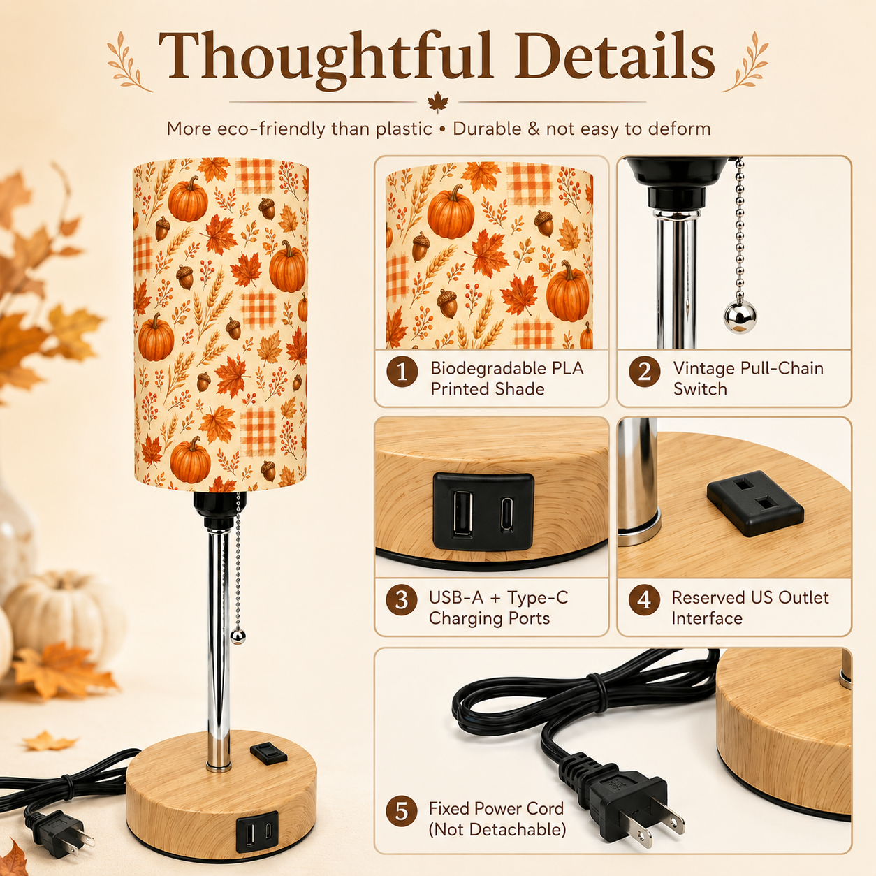 Autumn Maple & Pumpkin PLA Eco-Friendly Pull Chain Table Lamp 🎃 3 Color Dimmable Multifunctional Bedside Lamp, Fall Farmhouse Home Decor Gift