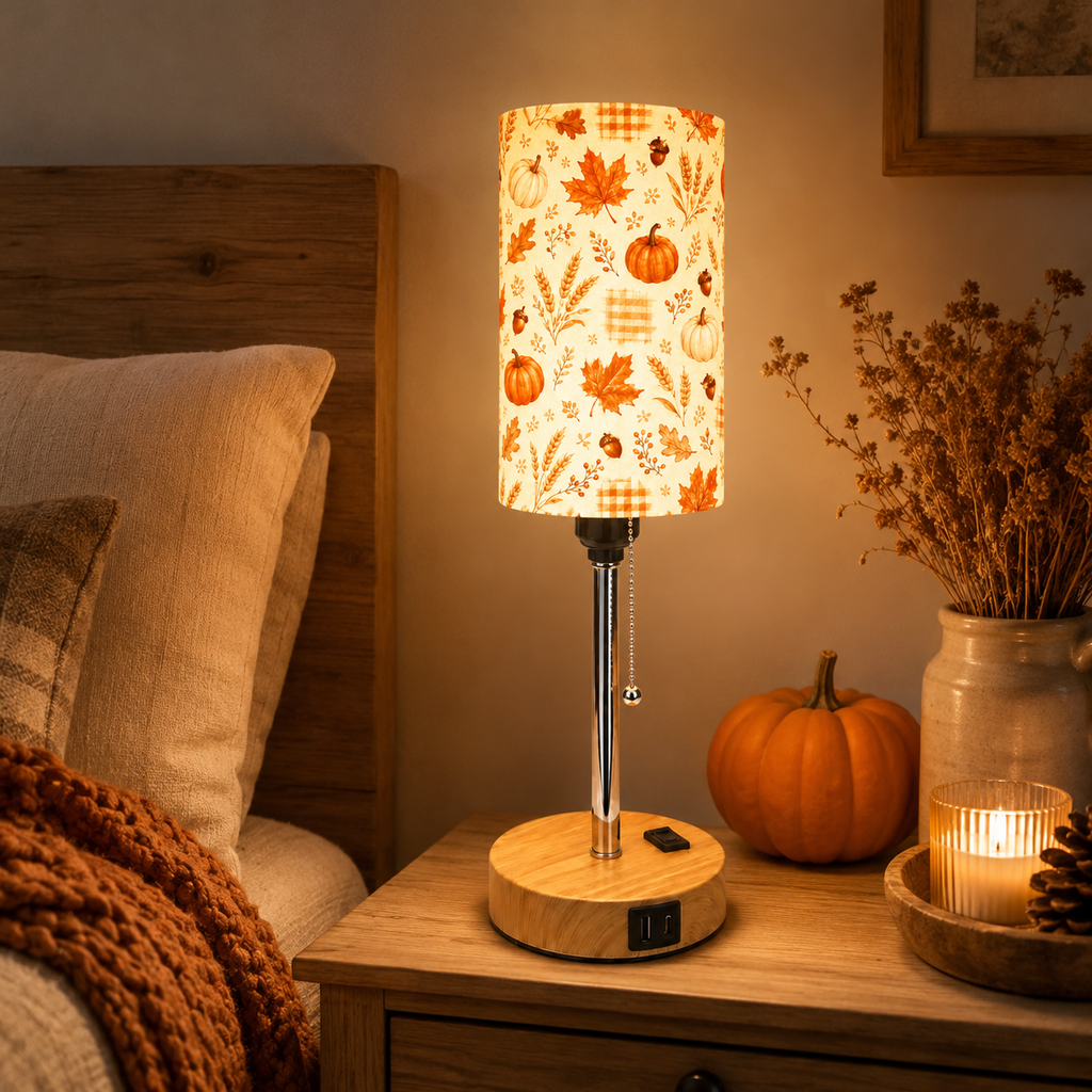 Autumn Maple & Pumpkin PLA Eco-Friendly Pull Chain Table Lamp 🎃 3 Color Dimmable Multifunctional Bedside Lamp, Fall Farmhouse Home Decor Gift