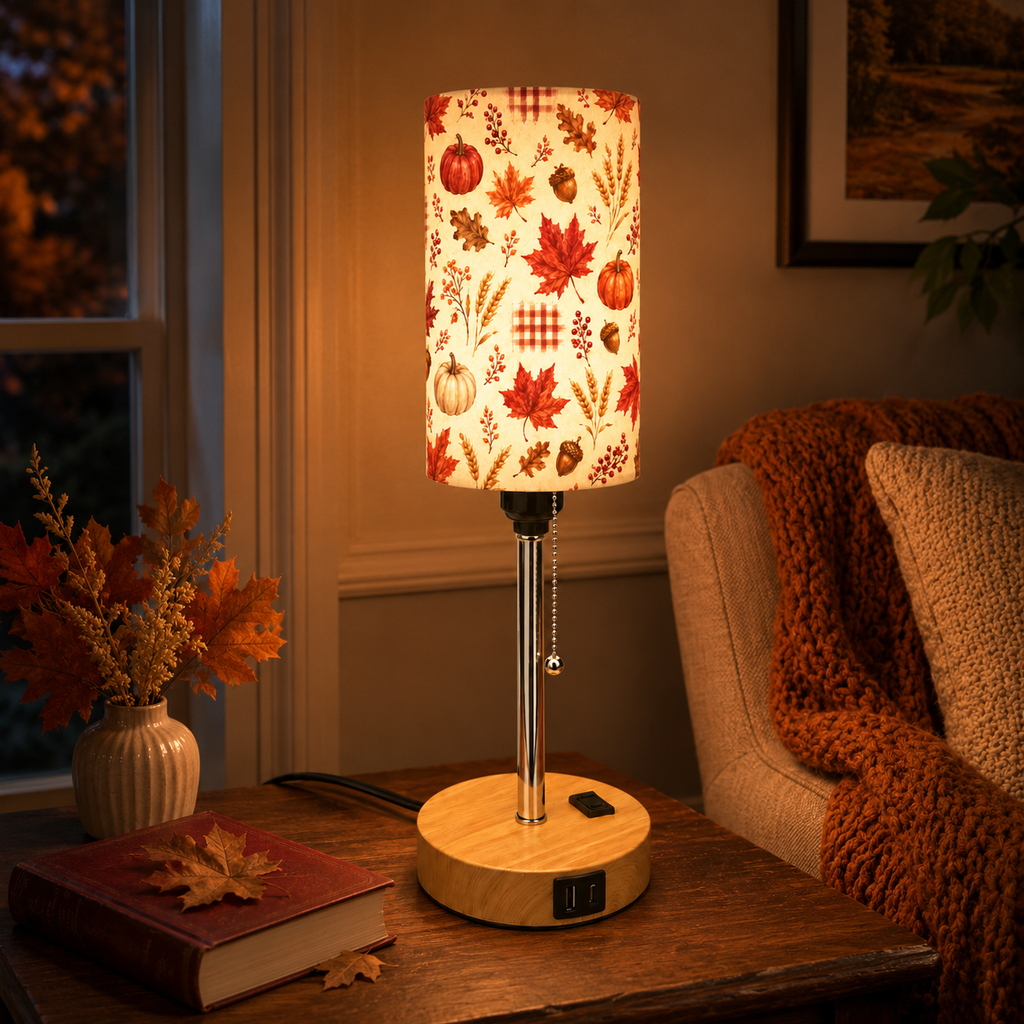 Autumn Maple & Pumpkin PLA Eco-Friendly Pull Chain Table Lamp 🎃 3 Color Dimmable Multifunctional Bedside Lamp, Fall Farmhouse Home Decor Gift