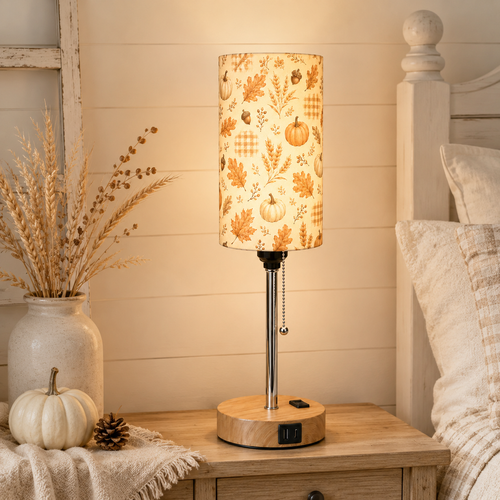 Autumn Maple & Pumpkin PLA Eco-Friendly Pull Chain Table Lamp 🎃 3 Color Dimmable Multifunctional Bedside Lamp, Fall Farmhouse Home Decor Gift