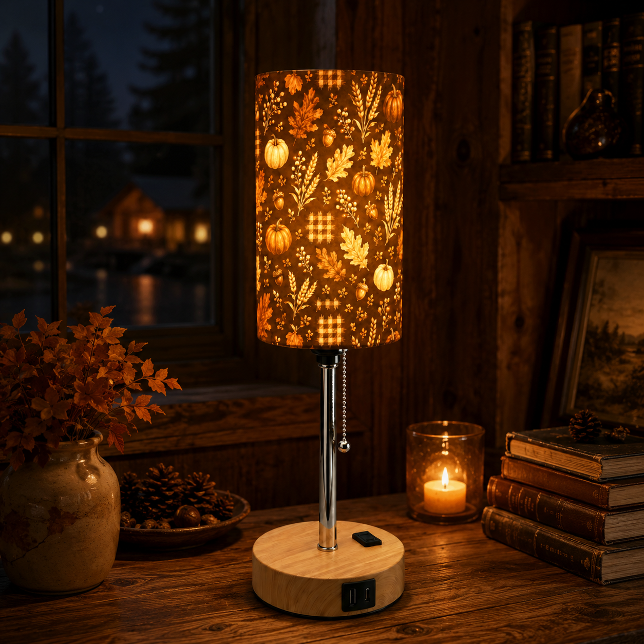 Autumn Maple & Pumpkin PLA Eco-Friendly Pull Chain Table Lamp 🎃 3 Color Dimmable Multifunctional Bedside Lamp, Fall Farmhouse Home Decor Gift