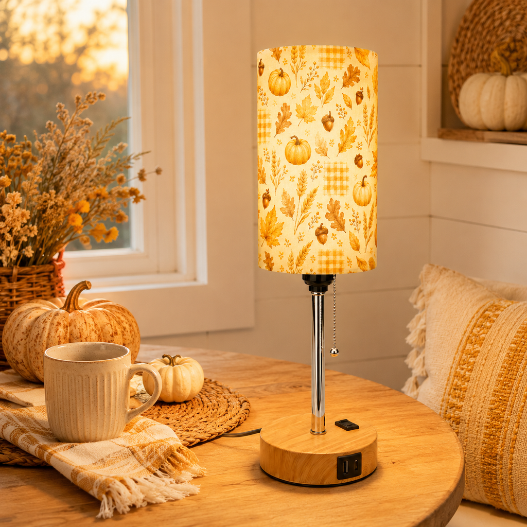 Autumn Maple & Pumpkin PLA Eco-Friendly Pull Chain Table Lamp 🎃 3 Color Dimmable Multifunctional Bedside Lamp, Fall Farmhouse Home Decor Gift