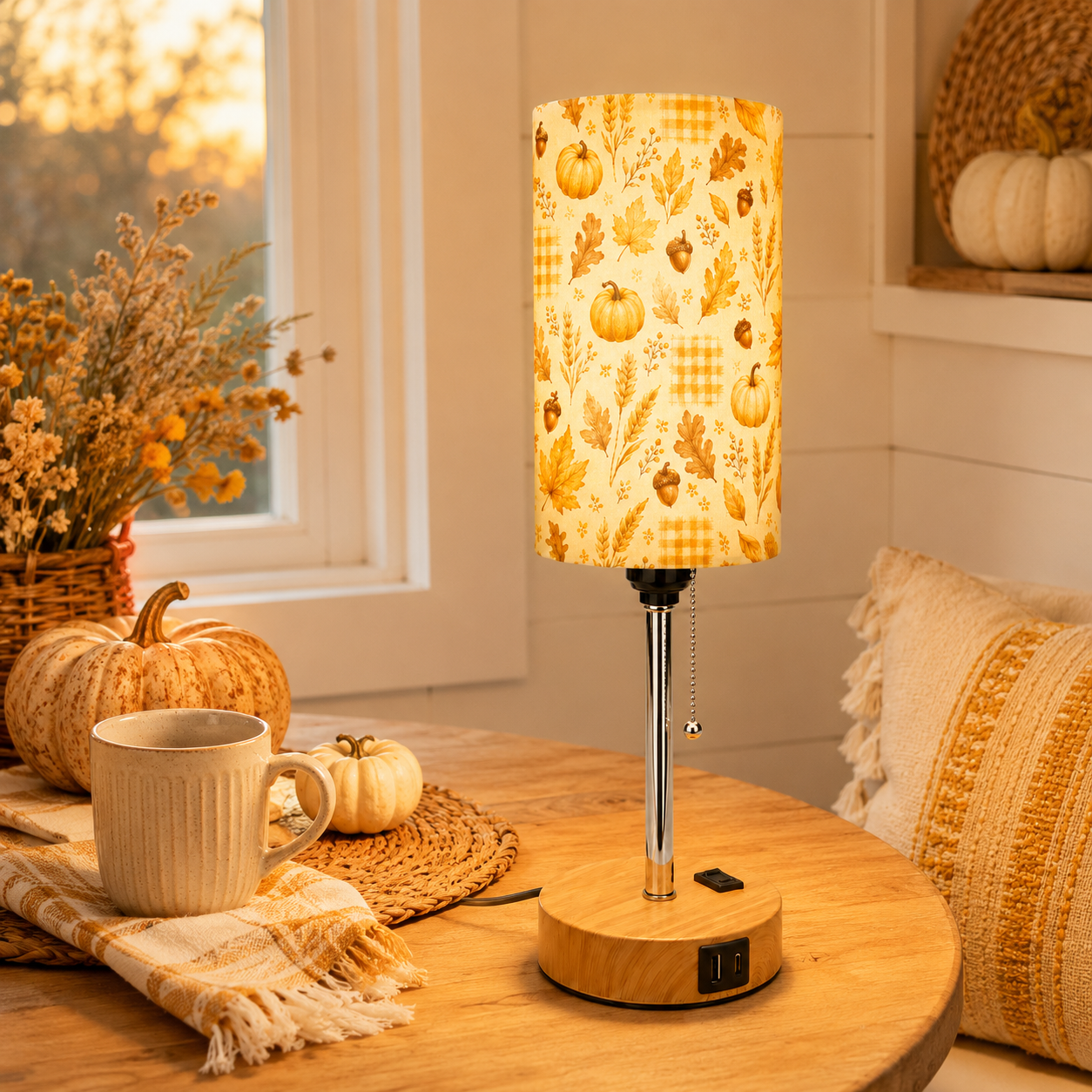 Autumn Maple & Pumpkin PLA Eco-Friendly Pull Chain Table Lamp 🎃 3 Color Dimmable Multifunctional Bedside Lamp, Fall Farmhouse Home Decor Gift