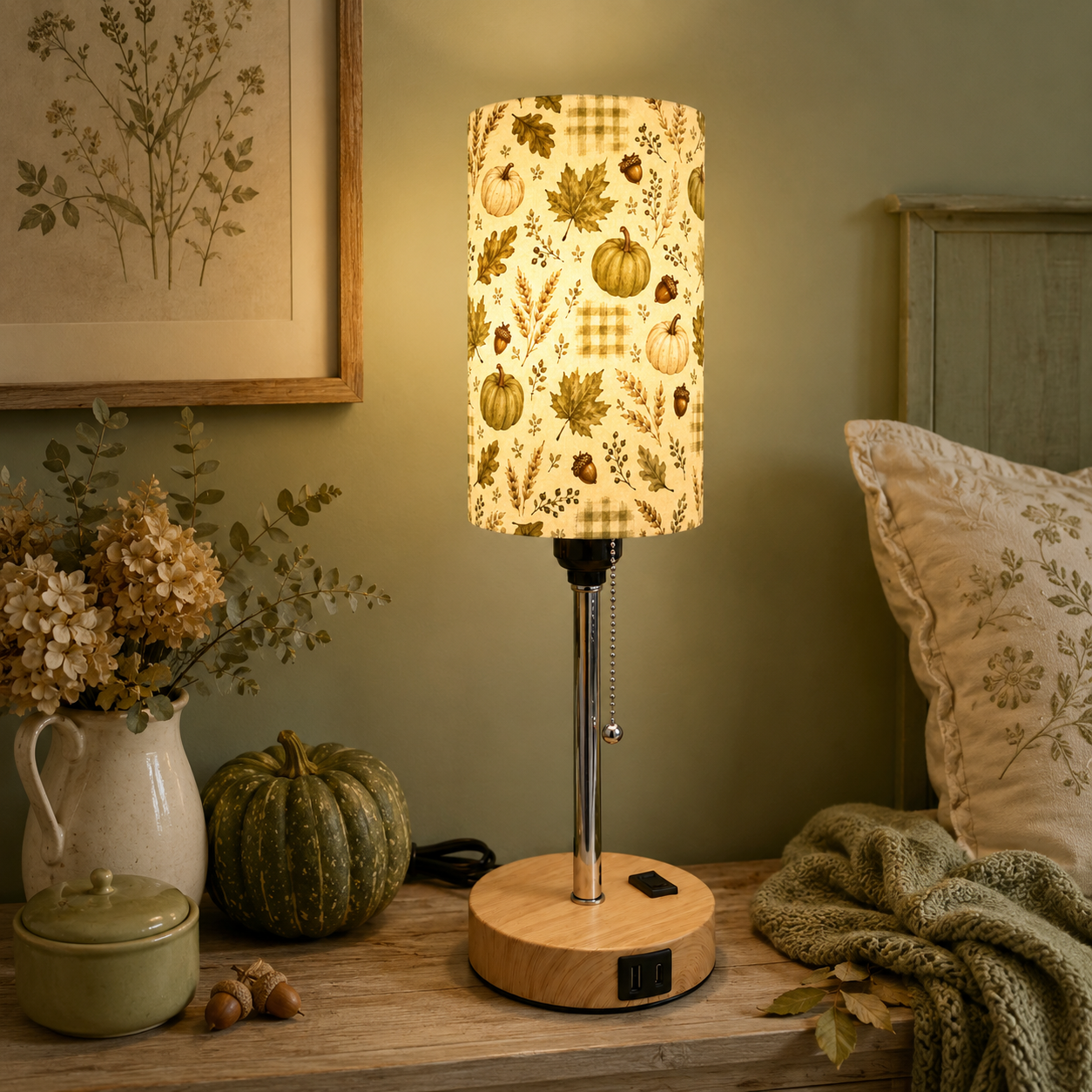Autumn Maple & Pumpkin PLA Eco-Friendly Pull Chain Table Lamp 🎃 3 Color Dimmable Multifunctional Bedside Lamp, Fall Farmhouse Home Decor Gift