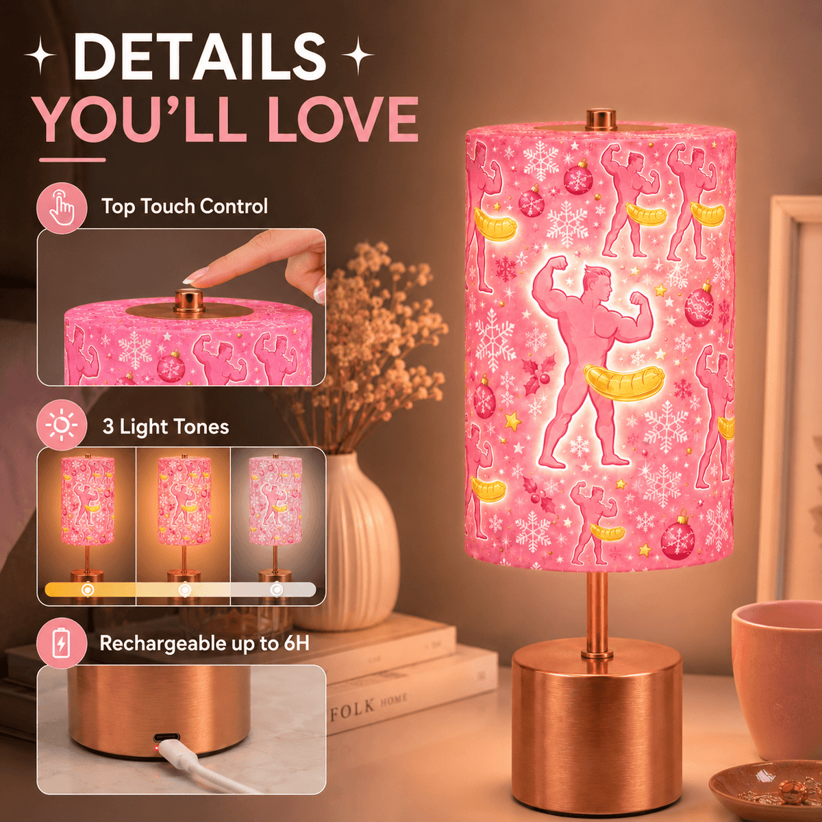 Funny Sausage PLA Table Lamp 🌭 Touch Control 3 Color Light, 6 Hours Rechargeable Battery, Rose Gold Base Playful Desk Lamp