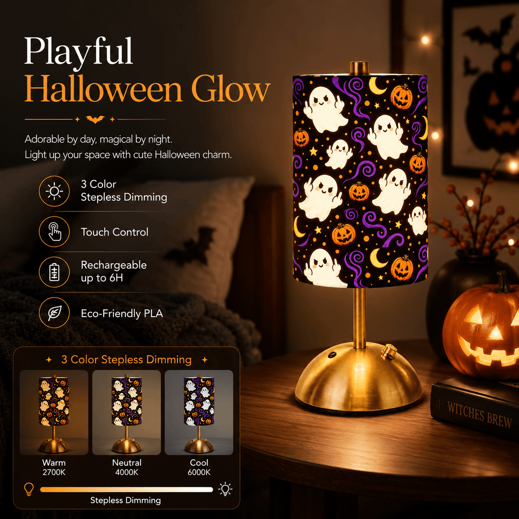 Cute Ghost PLA Table Lamp 👻 Touch Control 3 Color Stepless Dimming, Rechargeable Battery Up to 8 Hours, Halloween Themed Desk Lamp