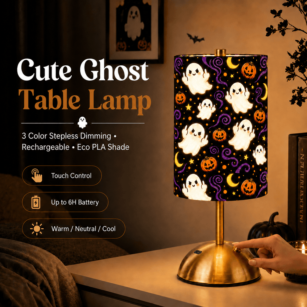Cute Ghost PLA Table Lamp 👻 Touch Control 3 Color Stepless Dimming, Rechargeable Battery Up to 8 Hours, Halloween Themed Desk Lamp