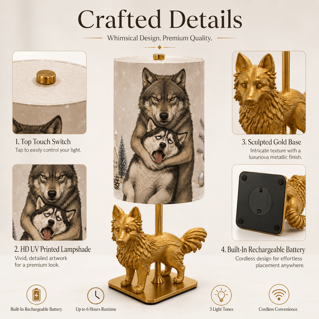 Whimsical Wolf & Husky PLA Table Lamp 🐺 Top Touch Control, 3 Color Dimmable Lights, Rechargeable Battery Up to 8 Hours, Animal Art Bedside Lamp