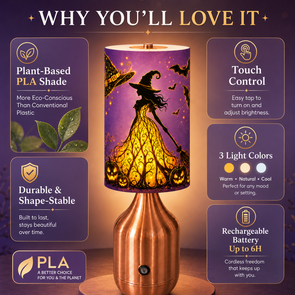 Magic Witch Fantasy PLA Table Lamp 🧙‍♀️ Touch Control, 3‑Color Stepless Dimming, 800mAh Built‑in Battery Up to 6 Hours Runtime, Halloween Accent Lamp