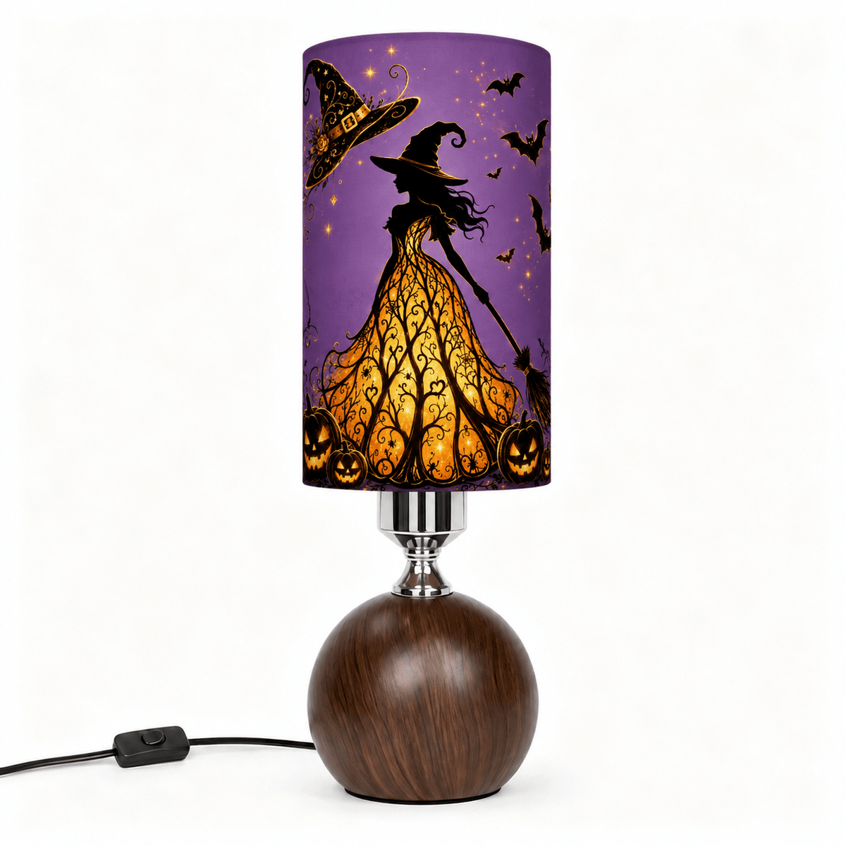 Magical Witch PLA Eco-Friendly Table Lamp 🧙‍♀️ 3 Color Dimmable Button Control Lamp, Dark Wood Grain Sphere Base Fantasy Bedside Decor Lamp
