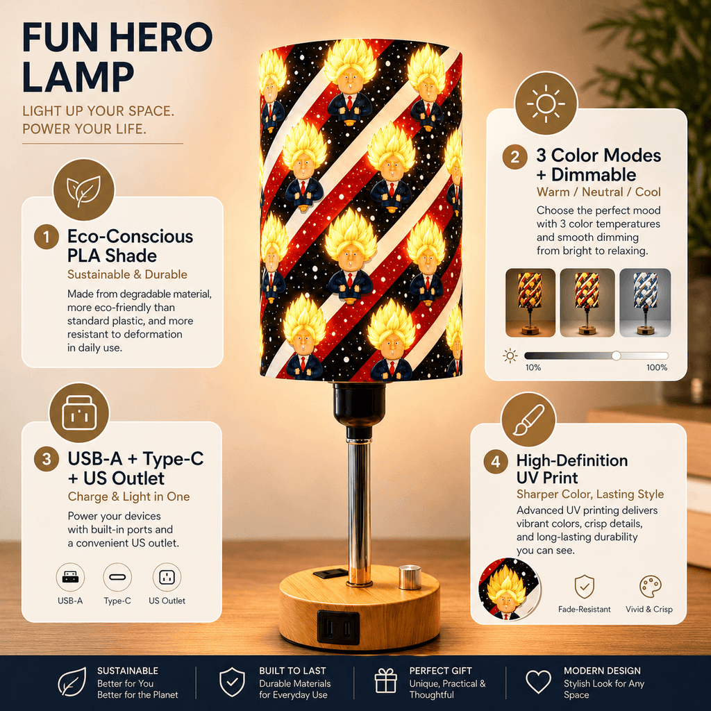 Superhero Style PLA Eco-Friendly Table Lamp 🦸 3 Color Dimmable Rotary Switch Lamp, Multifunctional Charging Port Heroic Desk Lamp for Kids and Fans