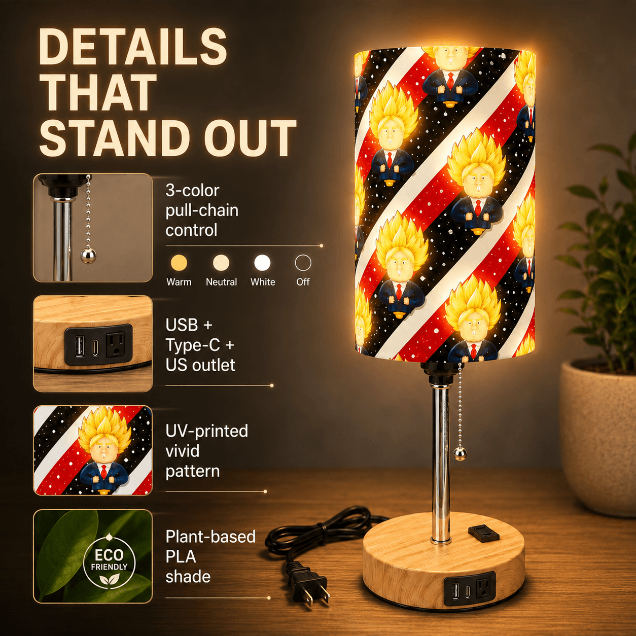 Hero Cartoon PLA Eco-Friendly Pull Chain Table Lamp ⭐ 3 Color Dimmable Multifunctional Bedside Lamp, Novelty Home Decor Gift