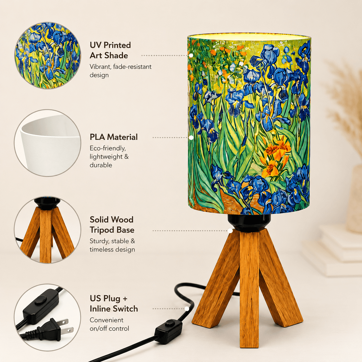 Van Gogh Irises Tripod PLA Eco‑Friendly Dimmable Table Lamp🎨 3‑Button Control Bedside Lamp, Classic Art Home Decor Gift