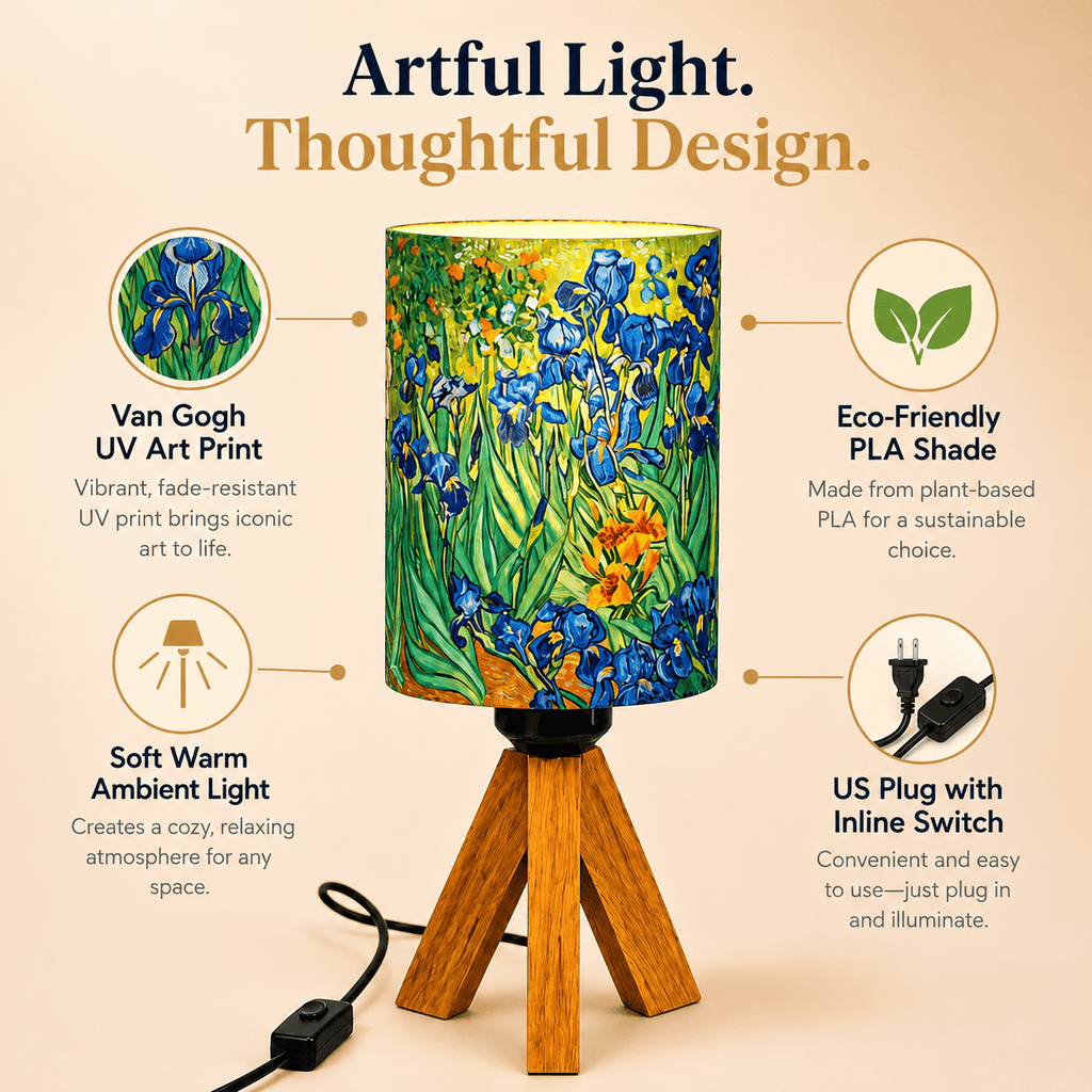 Van Gogh Irises Tripod PLA Eco‑Friendly Dimmable Table Lamp🎨 3‑Button Control Bedside Lamp, Classic Art Home Decor Gift
