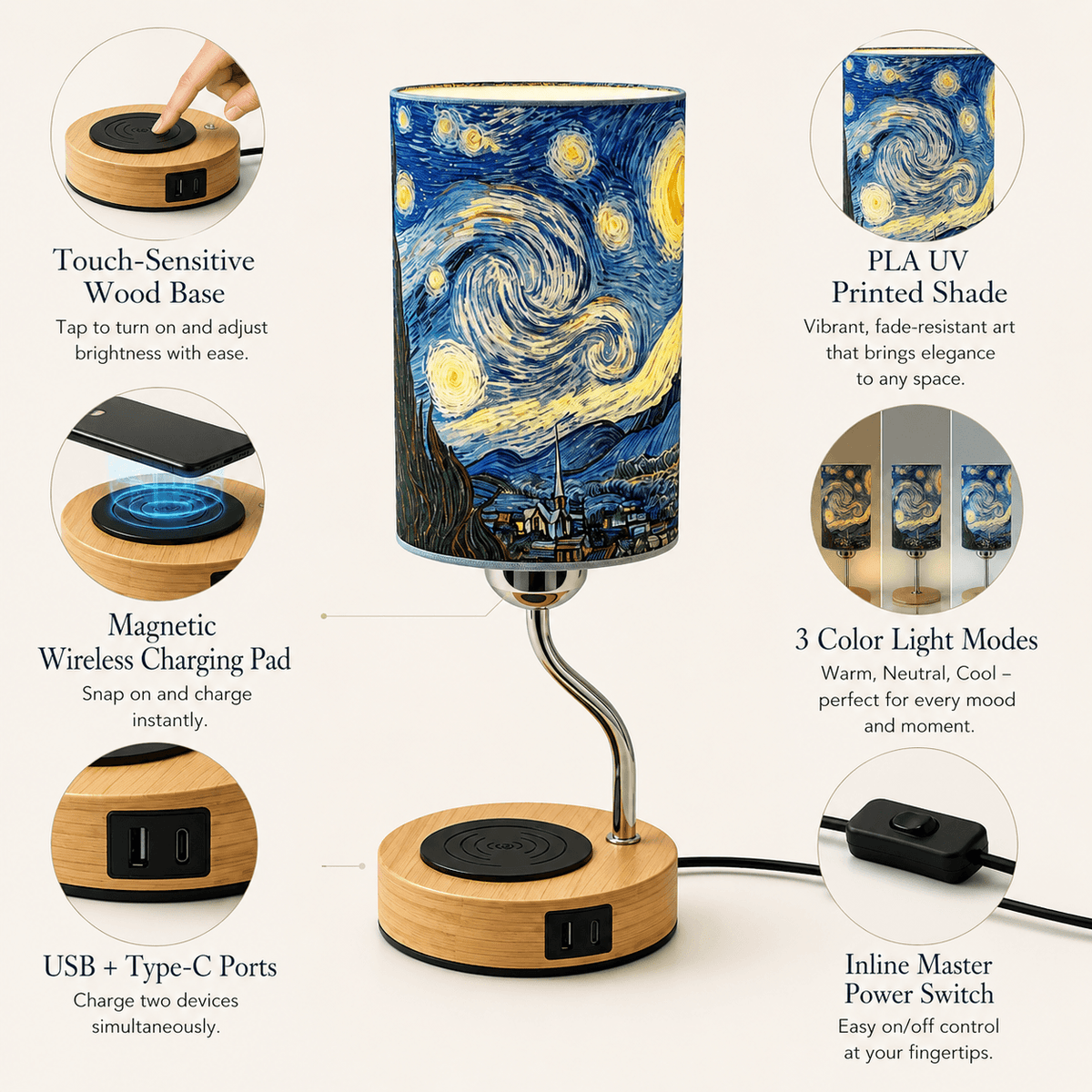 Van Gogh Oil Painting PLA Table Lamp 🎨 Touch Control 3 LED Colors, USB-C Magnetic Charging Desk Lamp