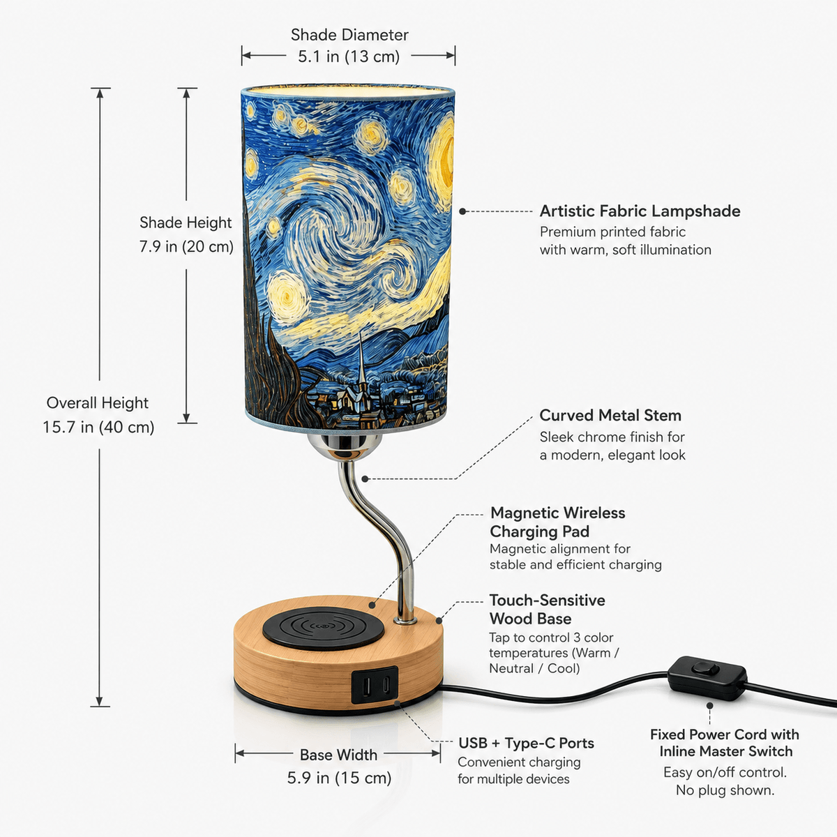 Van Gogh Oil Painting PLA Table Lamp 🎨 Touch Control 3 LED Colors, USB-C Magnetic Charging Desk Lamp