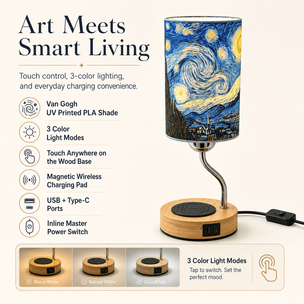 Van Gogh Oil Painting PLA Table Lamp 🎨 Touch Control 3 LED Colors, USB-C Magnetic Charging Desk Lamp