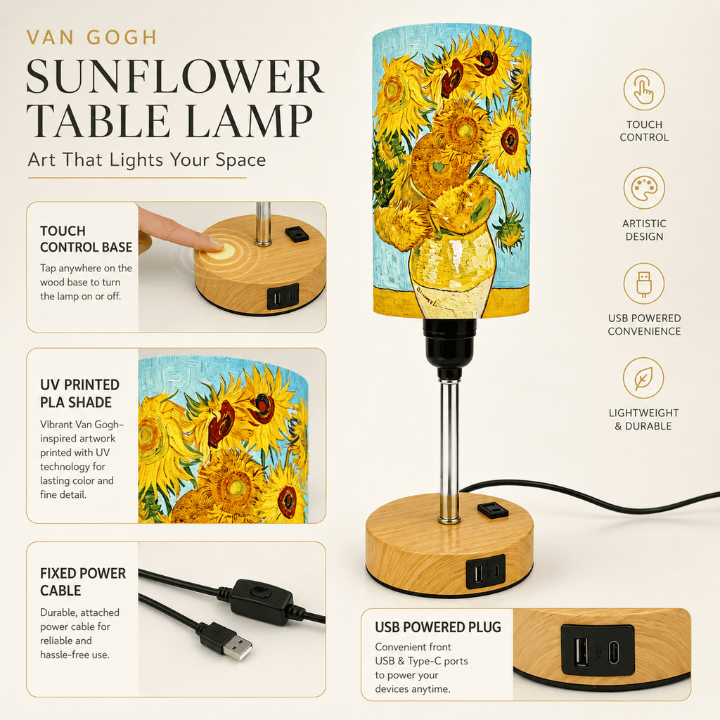 Van Gogh Sunflowers PLA Eco‑Friendly Touch Control Table Lamp🎨 3‑Color Dimmable Multi‑Function Bedside Lamp, Classic Art Home Decor Gift