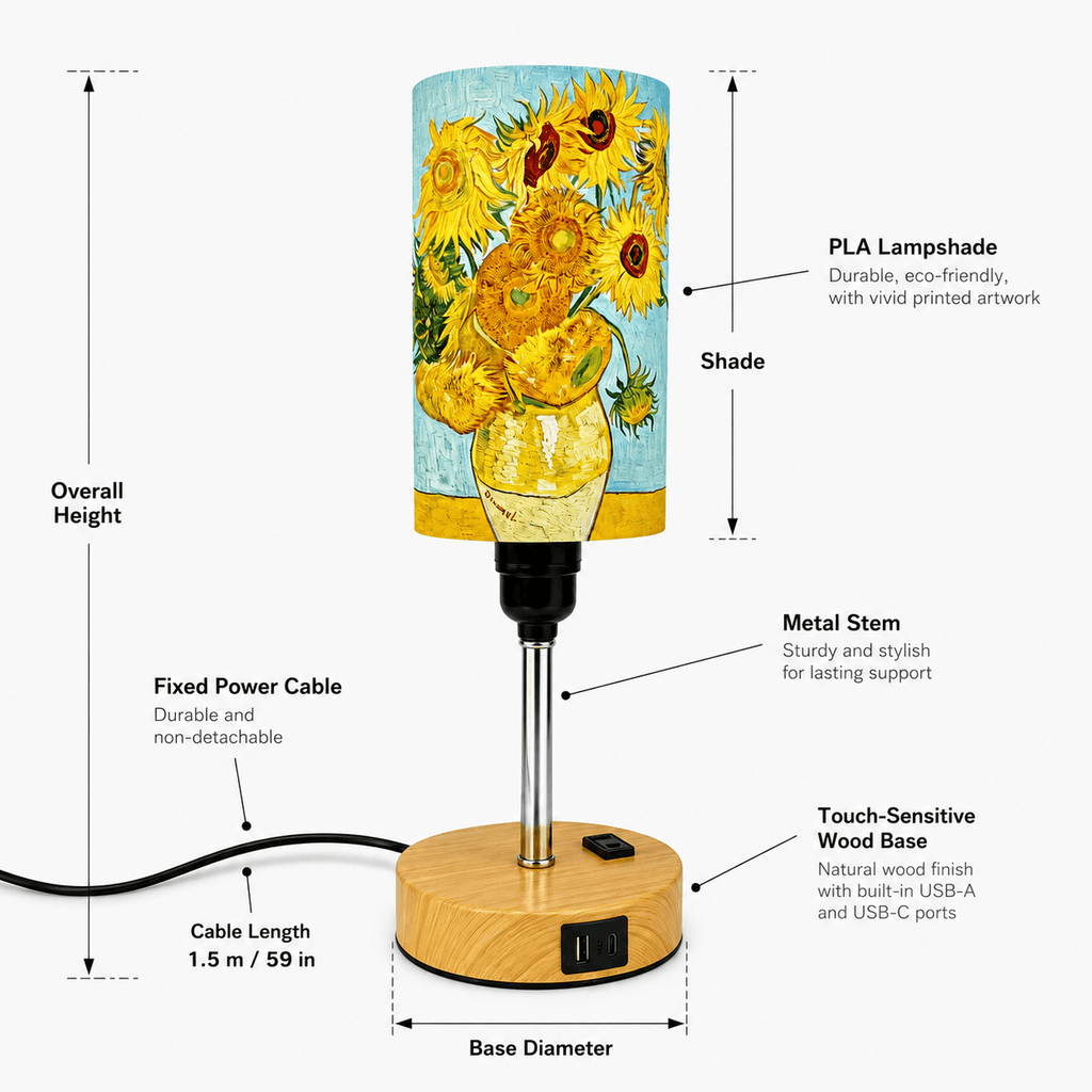 Van Gogh Sunflowers PLA Eco‑Friendly Touch Control Table Lamp🎨 3‑Color Dimmable Multi‑Function Bedside Lamp, Classic Art Home Decor Gift