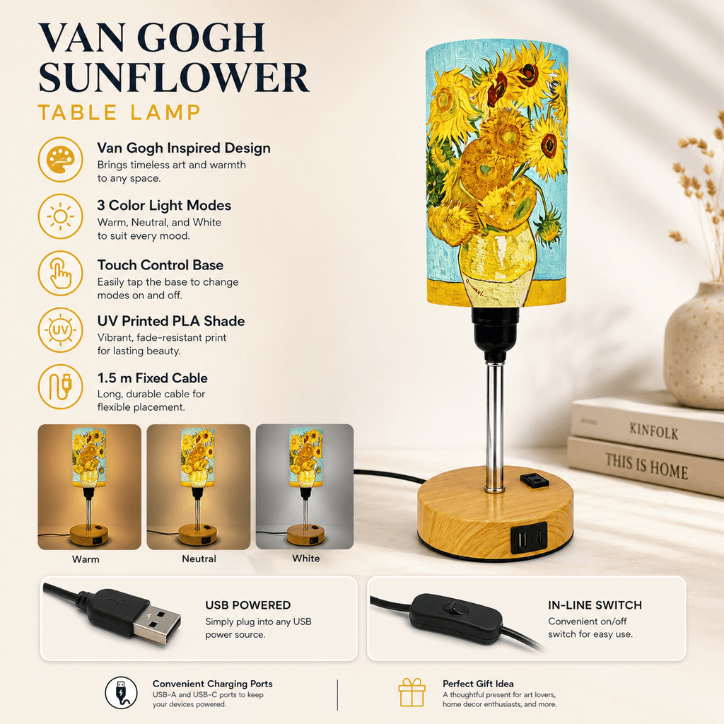 Van Gogh Sunflowers PLA Eco‑Friendly Touch Control Table Lamp🎨 3‑Color Dimmable Multi‑Function Bedside Lamp, Classic Art Home Decor Gift