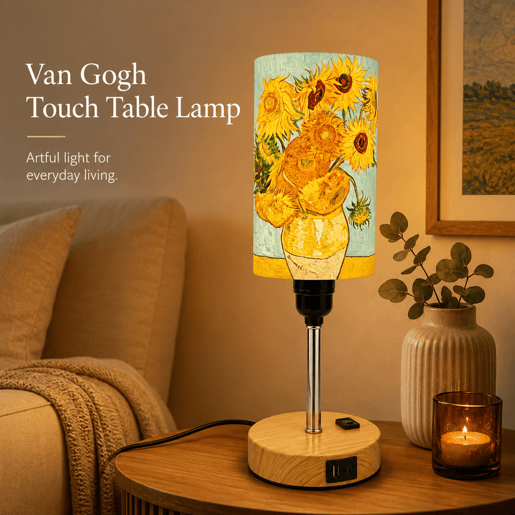 Van Gogh Sunflowers PLA Eco‑Friendly Touch Control Table Lamp🎨 3‑Color Dimmable Multi‑Function Bedside Lamp, Classic Art Home Decor Gift
