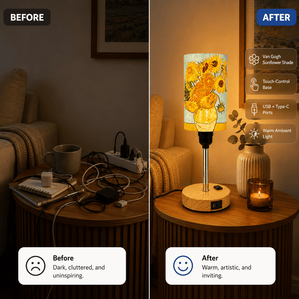 Van Gogh Sunflowers PLA Eco‑Friendly Touch Control Table Lamp🎨 3‑Color Dimmable Multi‑Function Bedside Lamp, Classic Art Home Decor Gift