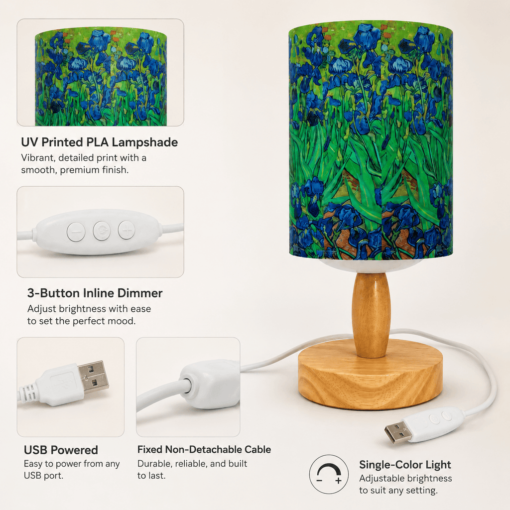 Van Gogh Irises PLA Eco‑Friendly Table Lamp ✨ Button Dimmable Art Bedside Lamp, Aesthetic Impressionist Home Decor Gift