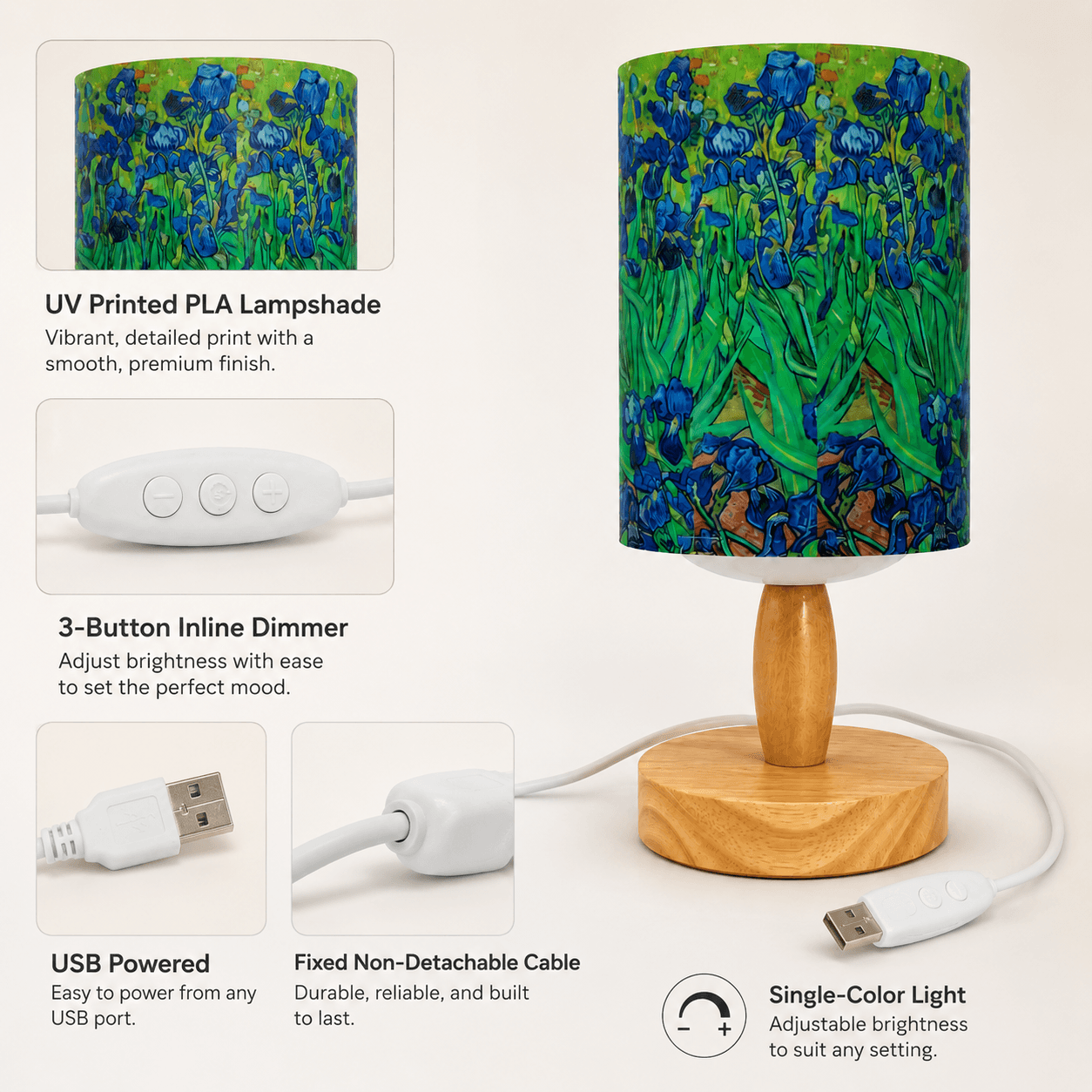 Van Gogh Irises PLA Eco‑Friendly Table Lamp ✨ Button Dimmable Art Bedside Lamp, Aesthetic Impressionist Home Decor Gift
