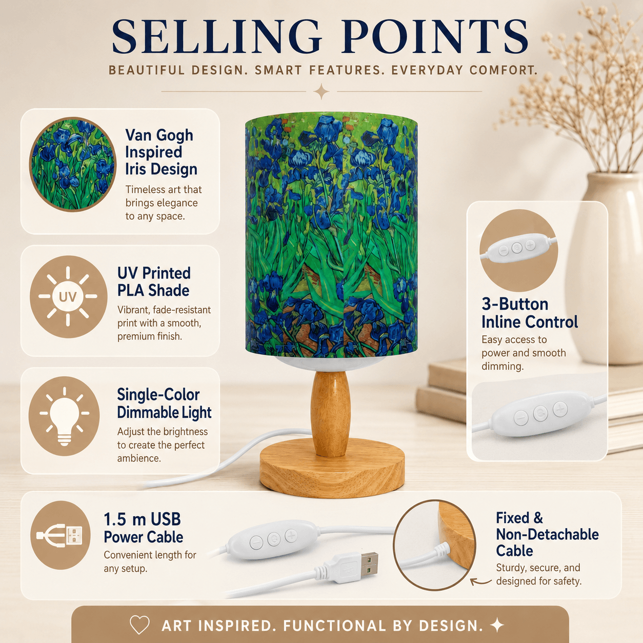 Van Gogh Irises PLA Eco‑Friendly Table Lamp ✨ Button Dimmable Art Bedside Lamp, Aesthetic Impressionist Home Decor Gift