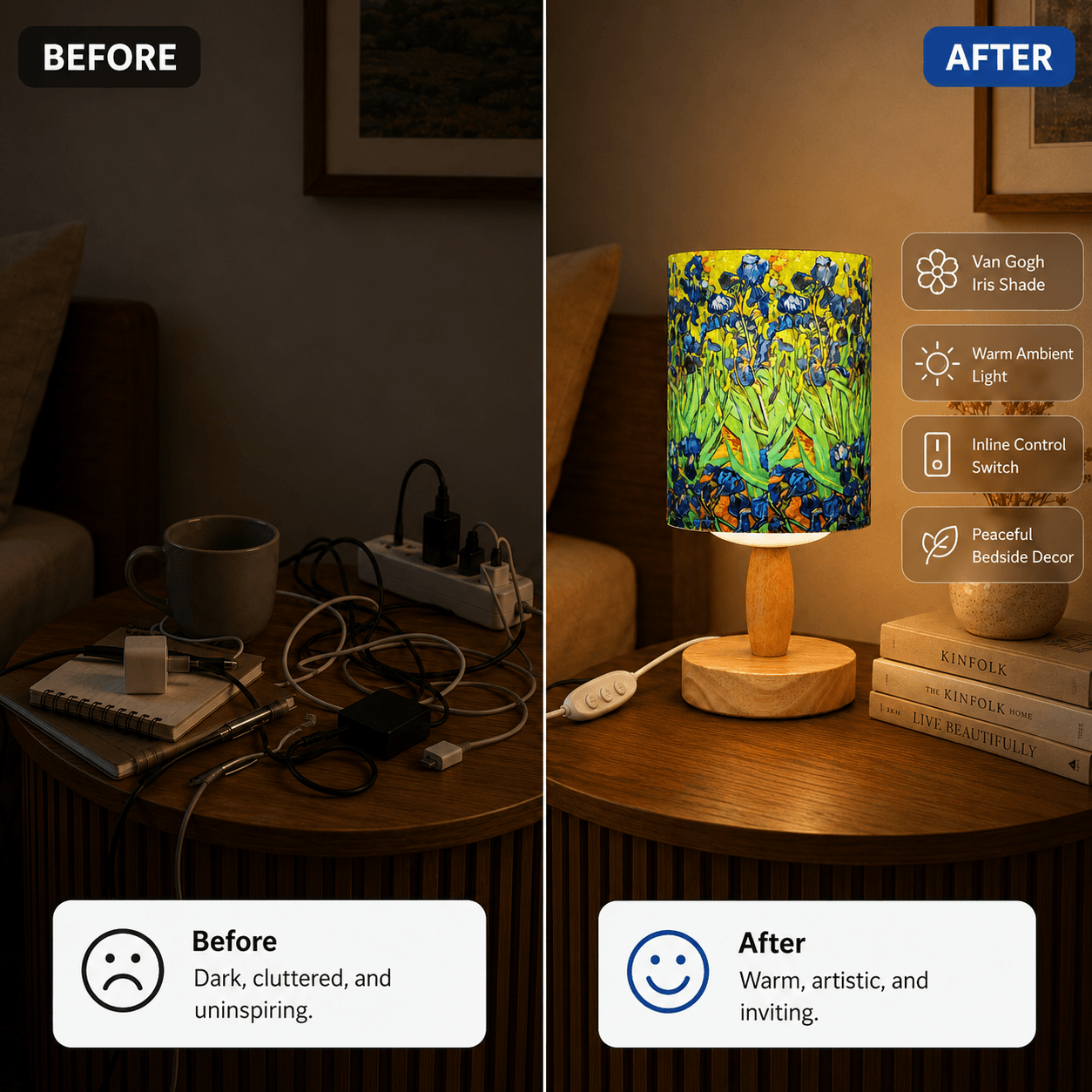 Van Gogh Irises PLA Eco‑Friendly Table Lamp ✨ Button Dimmable Art Bedside Lamp, Aesthetic Impressionist Home Decor Gift