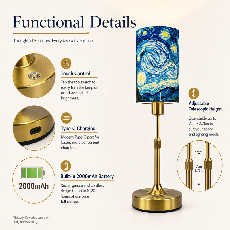 Van Gogh The Starry Night PLA Eco-Friendly Touch Control Table Lamp 🎨 3 Color Dimmable Adjustable Height Metal Table Lamp, Art Home Decor Gift
