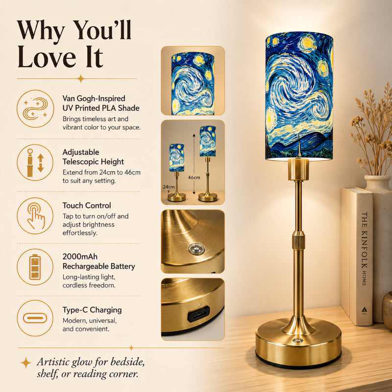 Van Gogh The Starry Night PLA Eco-Friendly Touch Control Table Lamp 🎨 3 Color Dimmable Adjustable Height Metal Table Lamp, Art Home Decor Gift