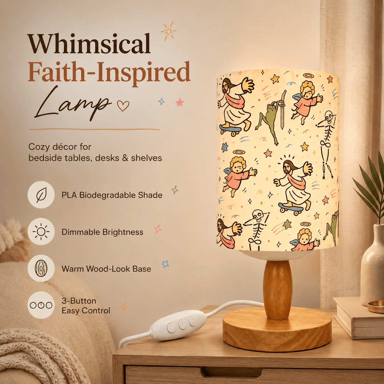 Whimsical Faith‑Inspired PLA Eco‑Friendly Dimmable Table Lamp🕊️ Button Control Bedside Lamp, Quirky Art Home Decor Gift