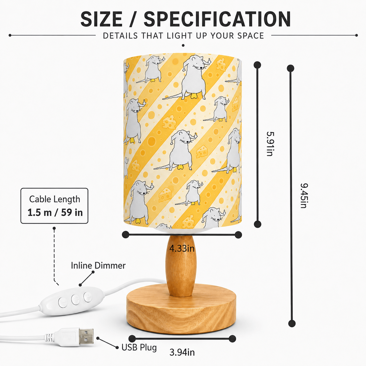 Whimsical Mouse PLA Eco‑Friendly Dimmable Table Lamp 🧀 Button Control Bedside Lamp, Cute Animal Home Decor Gift
