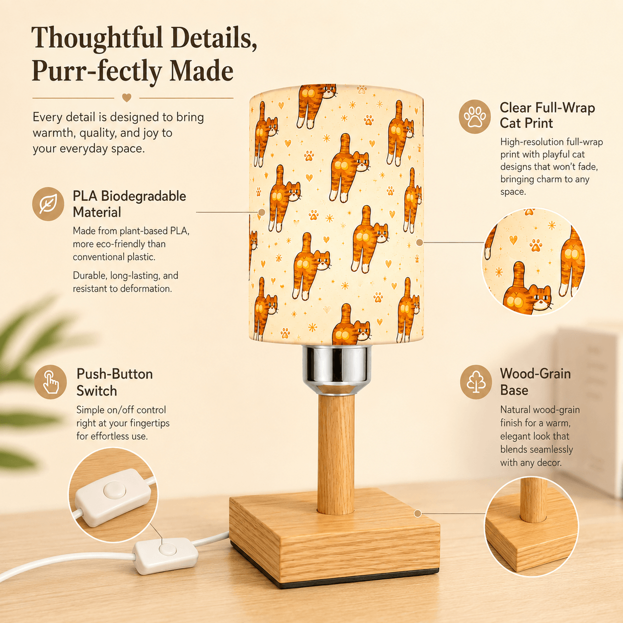 Playful Orange Cat PLA Eco‑Friendly Dimmable Table Lamp🧡 3‑Button Control Bedside Lamp, Cute Pet Home Decor Gift