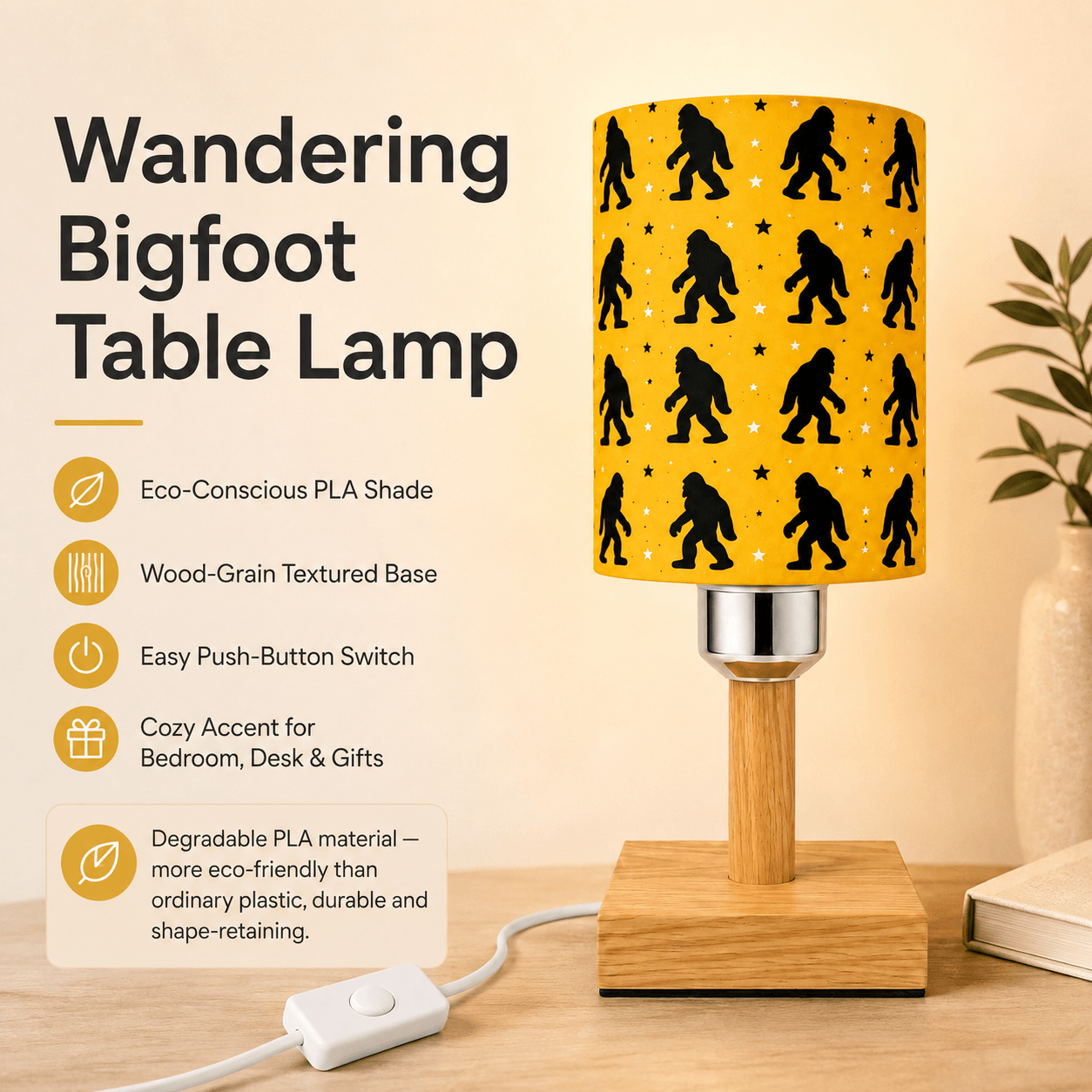 Wandering Bigfoot PLA Eco‑Friendly Dimmable Table Lamp⭐ 3‑Button Control Bedside Lamp, Quirky Wildlife Home Decor Gift