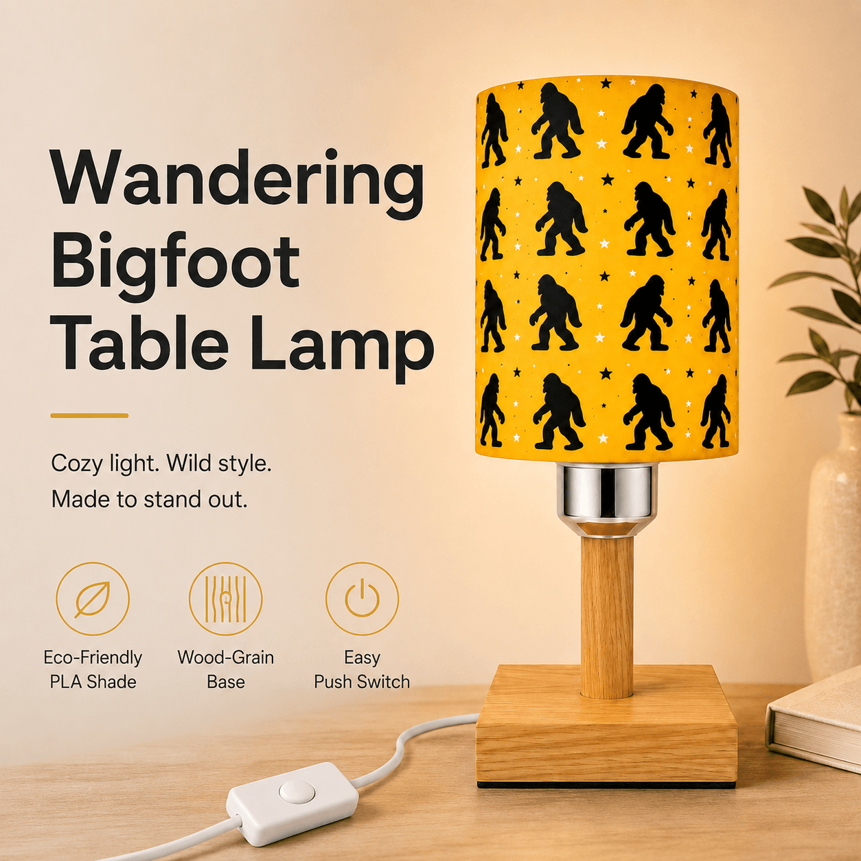Wandering Bigfoot PLA Eco‑Friendly Dimmable Table Lamp⭐ 3‑Button Control Bedside Lamp, Quirky Wildlife Home Decor Gift