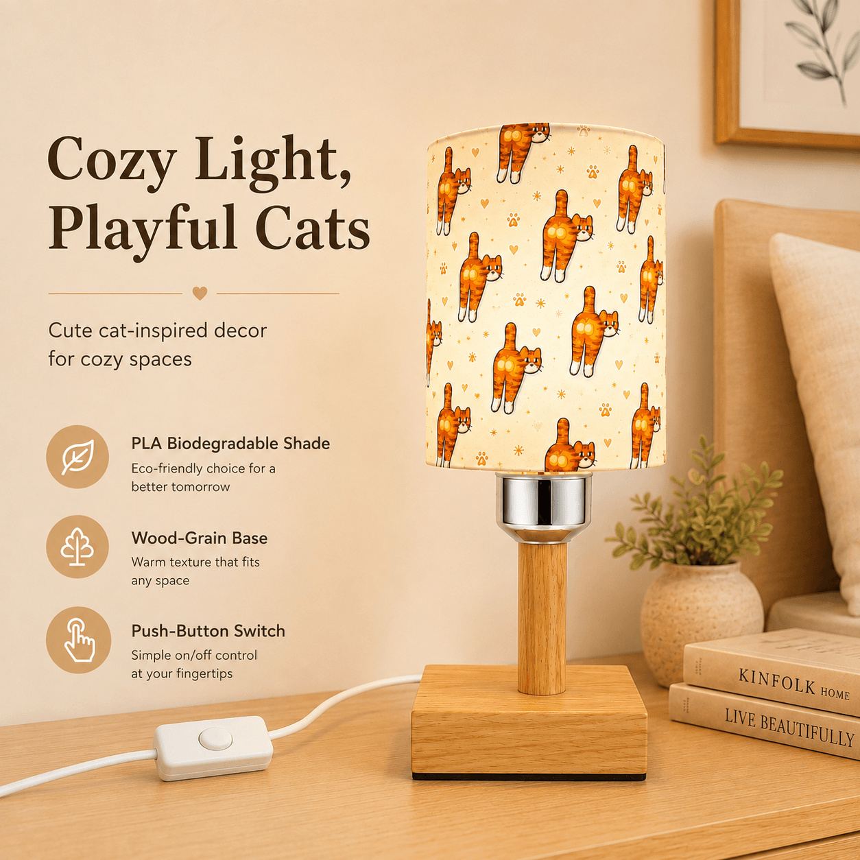 Playful Orange Cat PLA Eco‑Friendly Dimmable Table Lamp🧡 3‑Button Control Bedside Lamp, Cute Pet Home Decor Gift