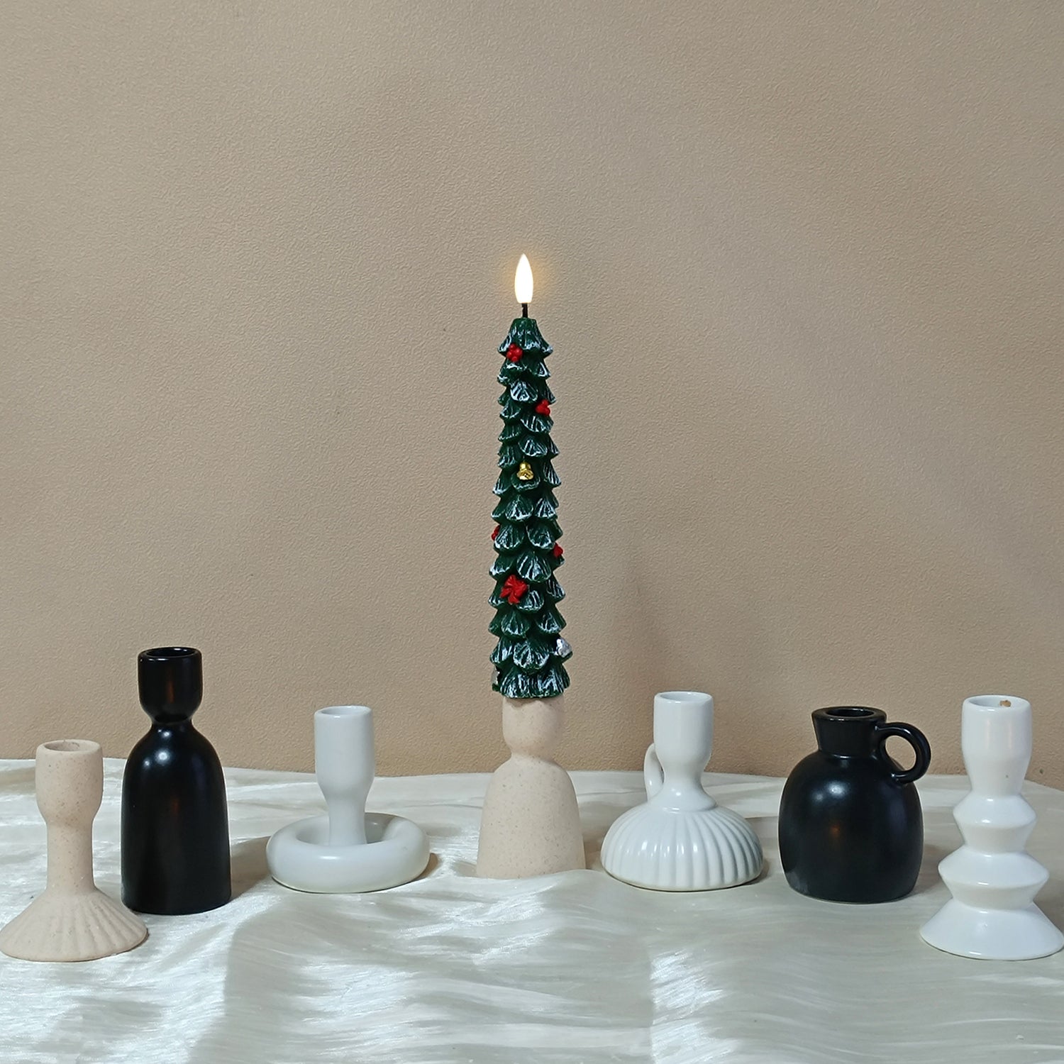 Cozy Green Christmas Tree LED Candle with Red Bows & Golden Stars