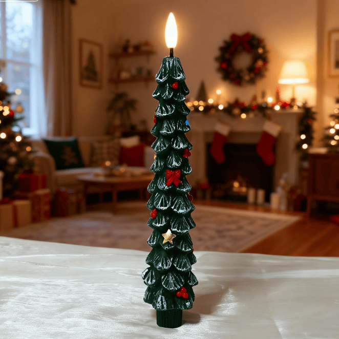 Cozy Green Christmas Tree LED Candle with Red Bows & Golden Stars