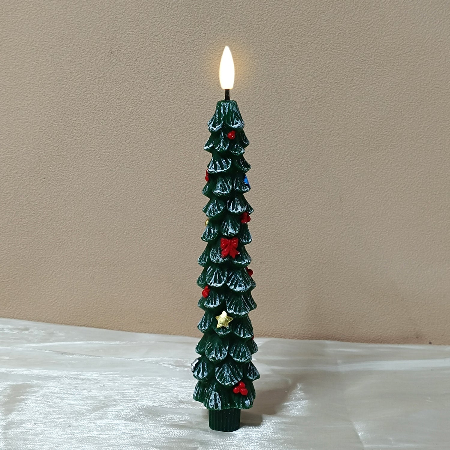 Cozy Green Christmas Tree LED Candle with Red Bows & Golden Stars