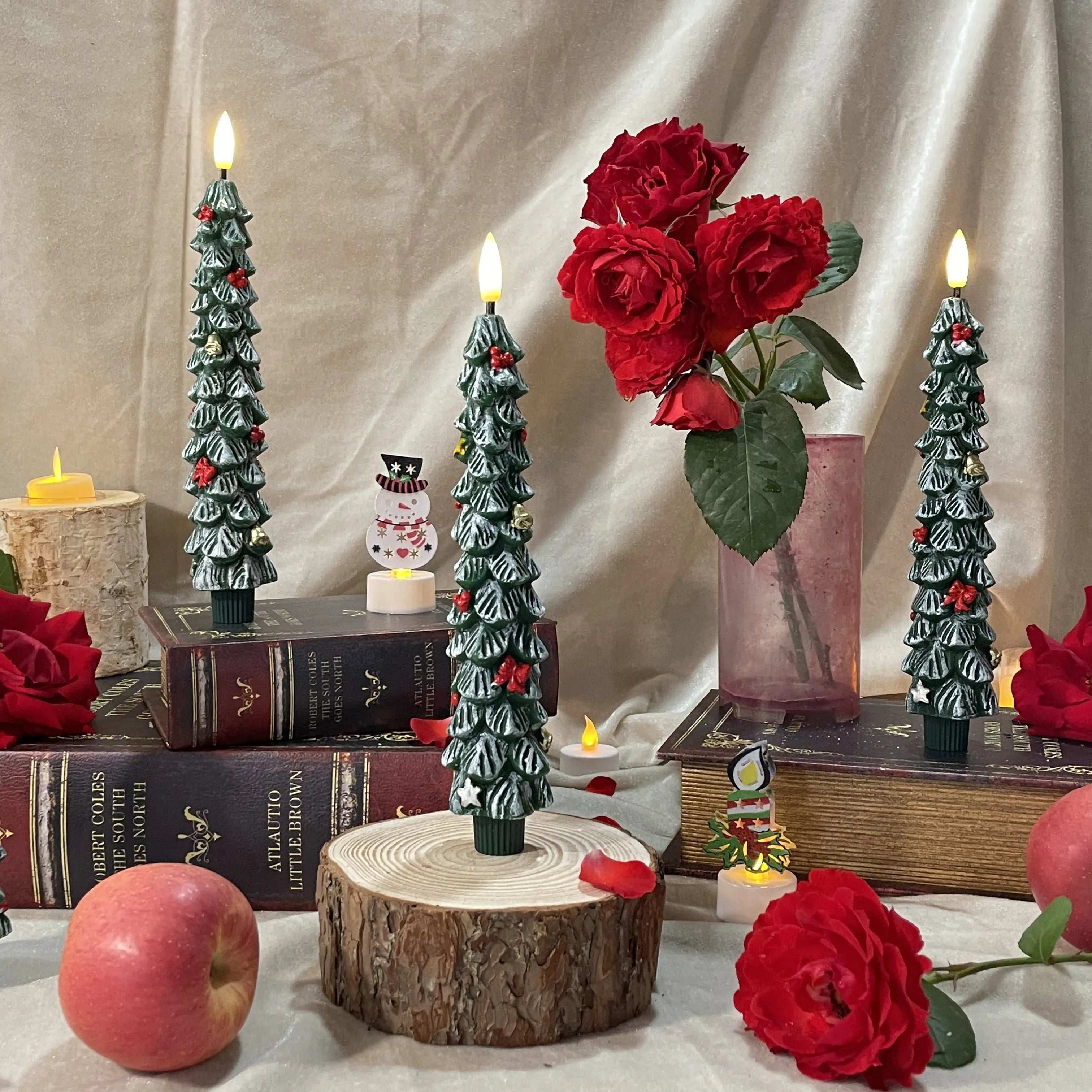 Cozy Green Christmas Tree LED Candle with Red Bows & Golden Stars